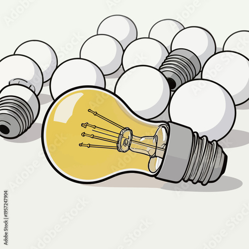 Light bulb with glowing filament next to several unlit bulb casings on a plain background