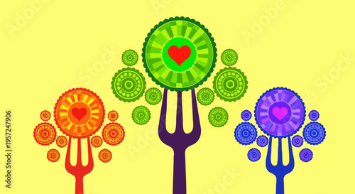 Vibrant Vector Illustration of Three Forks with Heart-Shaped Food Icons for Healthy Eating