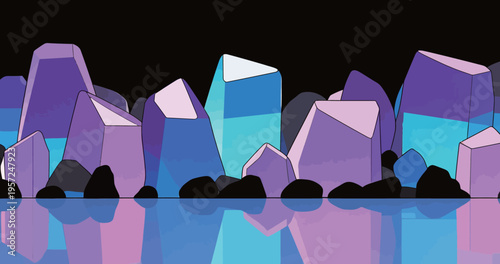 Colorful crystal formations reflecting in water at night with black stones on the ground