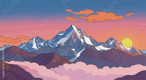 Mountains and clouds during sunset with warm colors in the sky over peaks and valleys in a cartoon style with no people present