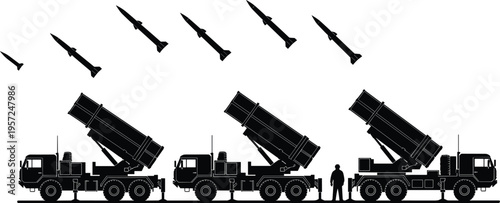 Missile launcher trucks silhouette illustration, coordinated launch artwork, military defense design concept, black and white vector template collection set
