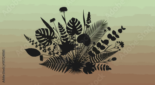 Silhouette Botanical Bouquet of Exotic Tropical Leaves and Flowers on Gradient Background