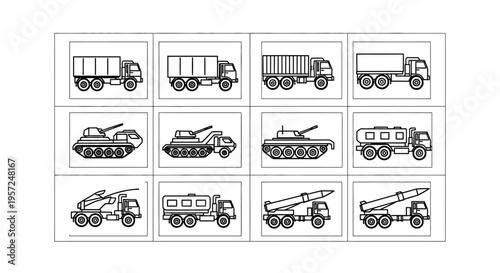 Military Vehicle Icons: Trucks, Tanks, and Missile Launchers - Line Art Set