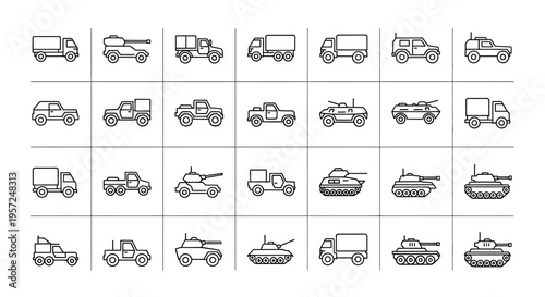 Pixel Art Military Vehicles Icons Set: Trucks, Tanks, Jeeps, and Army Cars
