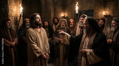 Jesus Christ standing before High Priest Caiaphas. Religious scene depicting biblical trial. Ancient historical drama, faith and christianity concept, historical cinematic reenactment.