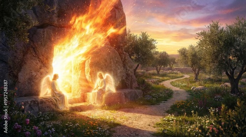 Two glowing angels sitting by the open tomb of Jesus Christ. Resurrection scene at dawn with fire and light. Biblical narrative of Easter day in a garden landscape with trees and flower.