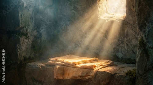 Empty stone tomb with folded cloth glowing in morning light. Representation of the resurrection of Jesus Christ. Biblical scene inside cave. Easter religious and spiritual symbol concept.