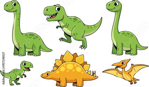 Set of 6 Cute Cartoon Dinosaur Vector Illustrations for Kids' Designs and Educational Content