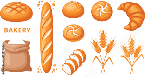Bakery products collection with bread, baguette, croissant, buns, wheat and flour sack fresh baked food vector illustration set