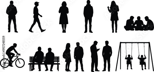 People silhouette collection, walking figures, standing poses, cycling, swing set, social interaction, everyday lifestyle, casual activities, black and white illustration