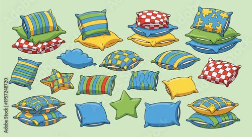 Colorful Cartoon Pillows and Cushions Vector Set for Home Decor and Comfort Designs