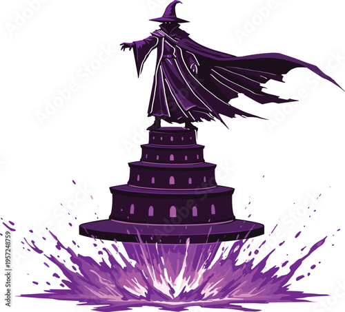 Purple silhouette of mysterious sorcerer standing on magical tower rising with large water splash isolated on white for fantasy design