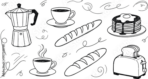 Hand drawn breakfast elements set with coffee cups, moka pot, bread, toaster and pancakes outline doodle vector illustration collection