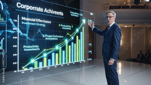 A businessman presents a business growth and success graph illustrating financial efficiency and investment strategy aligned with developmental goals and industry opportunities.