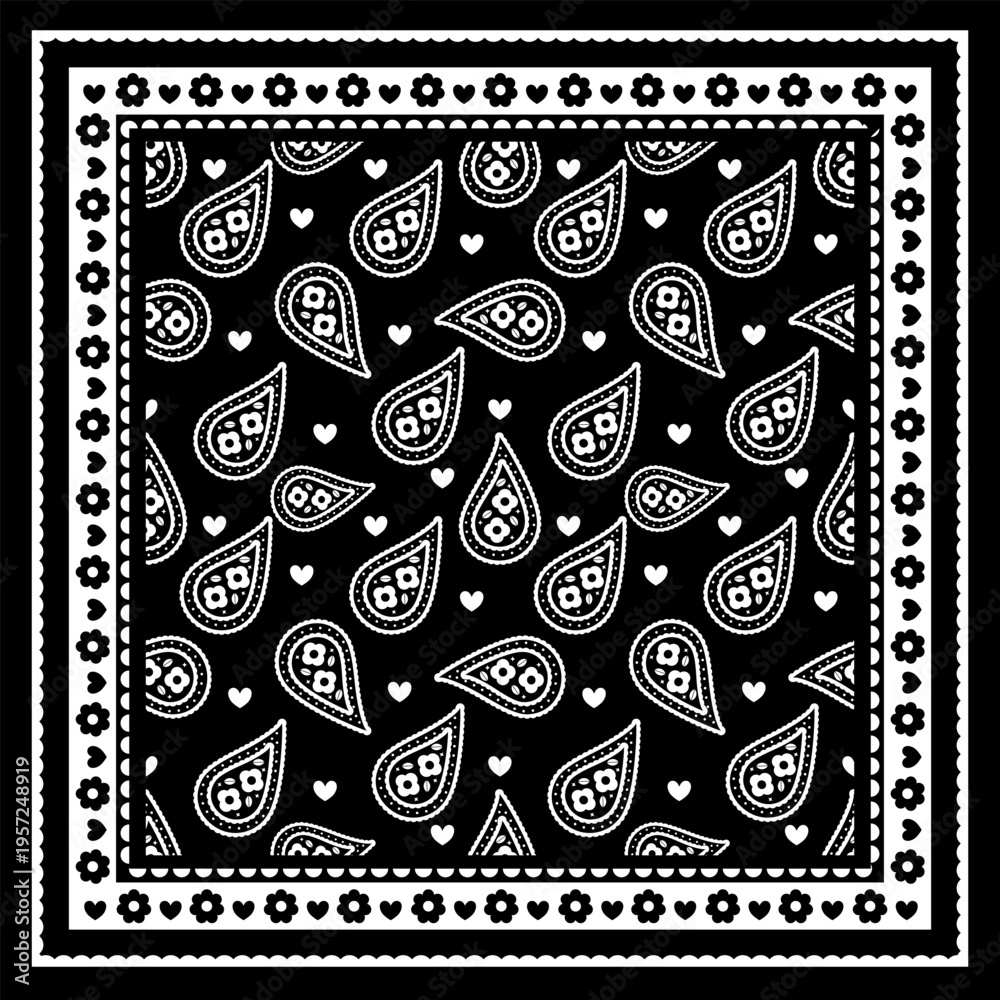 Naklejka premium Black Minimal Paisley Bandana Seamless Pattern Background