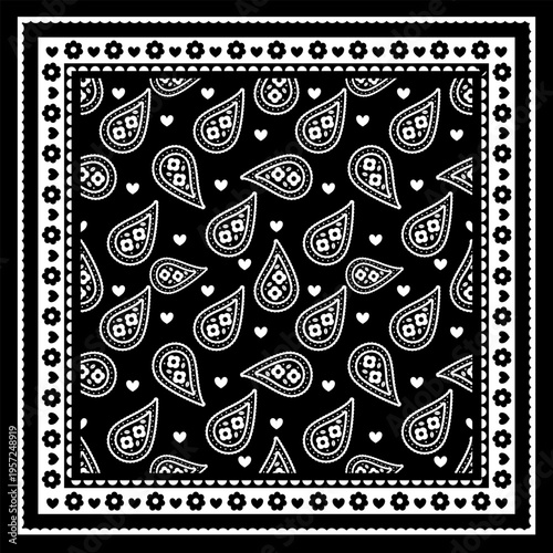 Black Minimal Paisley Bandana Seamless Pattern Background