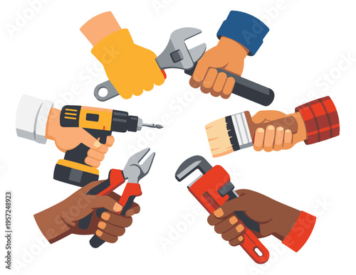 Multicultural Hands Holding Industrial Repair Tools - Concept of Teamwork, Unity, and Professional Construction Services