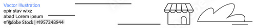 Retail business, entrepreneurship, small shops, local commerce, marketing, branding. A linear store with text elements, a storefront and a bush. Retail business and entrepreneurship concept