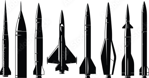 Rocket and aircraft silhouette lineup illustration, aerospace engineering artwork, military defense design concept, black and white vector template set