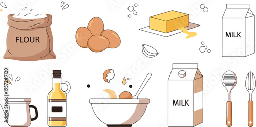 Baking ingredients and kitchen tools collection with flour, eggs, milk, butter, oil and utensils cooking vector illustration set