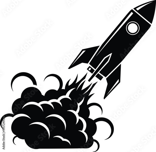 Rocket launch silhouette illustration, space exploration artwork, aerospace technology design concept, flames and smoke vector template, black and white set