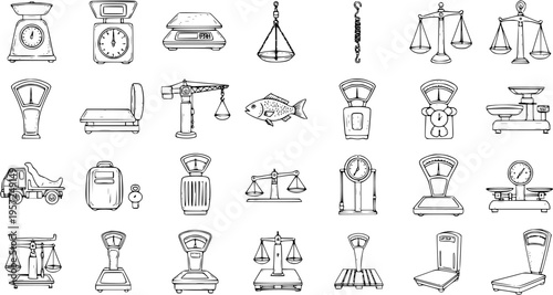 Set of Hand-Drawn Doodle Icons Featuring Various Weighing Scales, Balances, and Measurement Devices, Isolated on White Background.