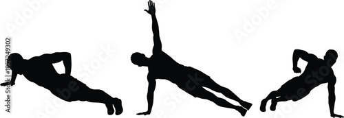 Side plank exercise silhouette illustration, fitness workout artwork, core strengthening design concept, black and white vector template collection set