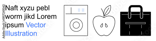 Home appliances, healthy living, nutrition, work life, business organization, minimalism. Clean line art of a washing machine, apple and briefcase. Home appliances and healthy living concept