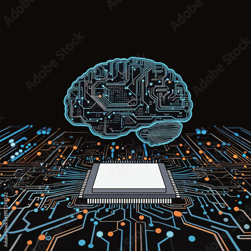 Concept of artificial intelligence with a brain and circuit board design in a digital environment
