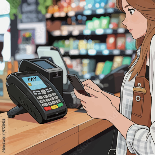 Person making a payment with a smartphone at a store checkout counter in a grocery store during daytime