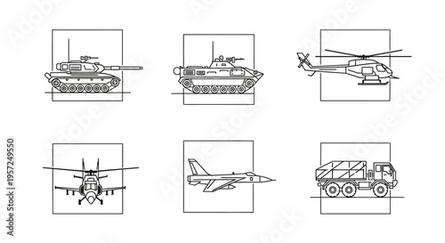 Set of Military Vehicles and Aircraft Line Art Icons
