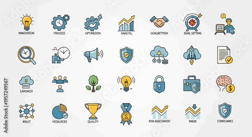 Business Icons Set: Innovation, Teamwork, Growth, Security, Strategy, Finance, Success