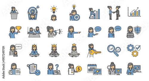 Business Woman Icon Set: Success, Teamwork, Strategy, and Innovation Concepts
