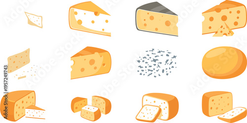 Cheese varieties collection with slices, wedges, blocks and crumbs dairy food vector illustration set isolated on white background