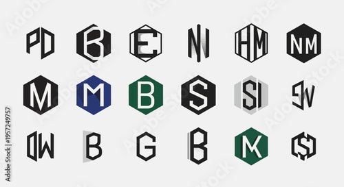 Modern Hexagon Monograms and Initials Collection - Graphic Design Elements