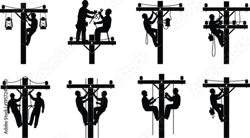 Silhouette Vector Illustration of Electric Linemen Working on Utility Poles Maintenance and Repair for Energy Infrastructure and Power Industry Services