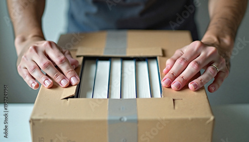  Hands sealing book box with tape close up