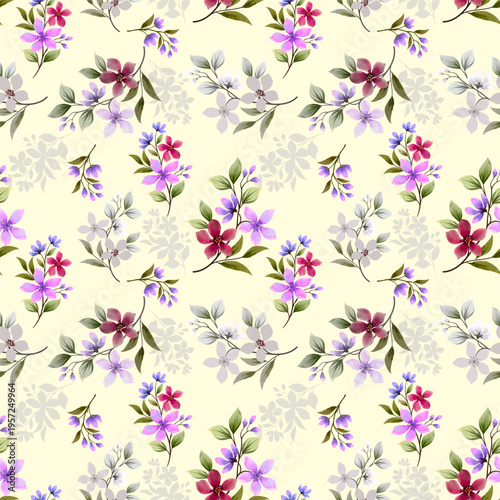 Seamless floral pattern background with pink and purple flowers in a decorative spring nature design for wallpaper and textile use