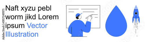 Education, innovation, space exploration, design concepts, creativity, fluid mechanics. Person writing on board, water drop rocket. Education and innovation in abstract design