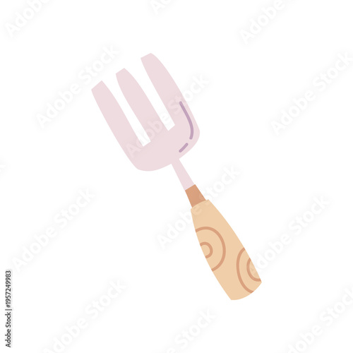 Flat illustration of a garden fork tool with wooden handle. Perfect for gardening, agriculture, and outdoor design. Simple modern utility illustration.