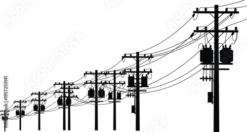 Utility pole with transformers silhouette illustration, electrical infrastructure artwork, power distribution design concept, black and white vector template set