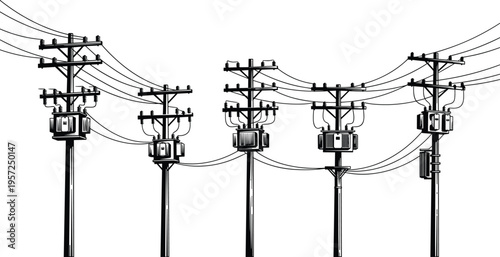 Utility poles silhouettes, electrical transformers, interconnected power lines, crossarms with insulators, junction box, electricity distribution system, energy infrastructure, vector illustration