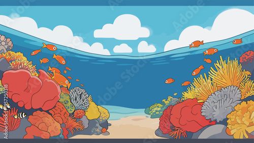 Colorful underwater scene with coral and fish in a vibrant ocean setting during daytime