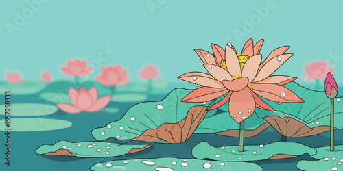 Bright flowers bloom on the surface of a calm pond during a sunny day in a natural setting with soft colors