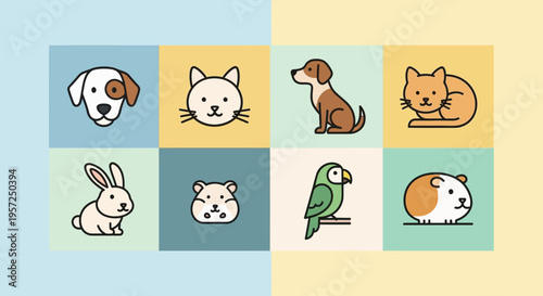 Cute Pet Icons: Dog, Cat, Rabbit, Hamster, Parrot, Guinea Pig - Flat Design