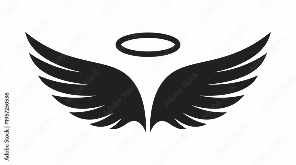 Fototapeta premium Black stylized angel wings with a halo above, a simple graphic illustration on a white background, representing divinity and spirituality.
