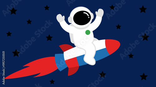 A cheerful cartoon astronaut in a white spacesuit riding a red, white, and blue rocket through a dark blue starry night sky, depicting a fun space adventure.