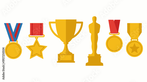 A collection of various golden awards, trophies, and medals with ribbons, symbolizing achievement and success.