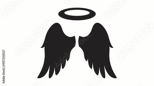 Black angel wings with a white halo above, depicted as a simple graphic illustration on a plain background.