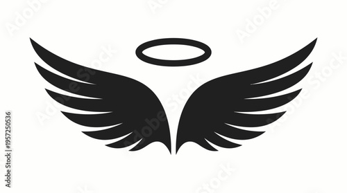 Black stylized angel wings with a halo above, a simple graphic illustration on a white background, representing divinity and spirituality.